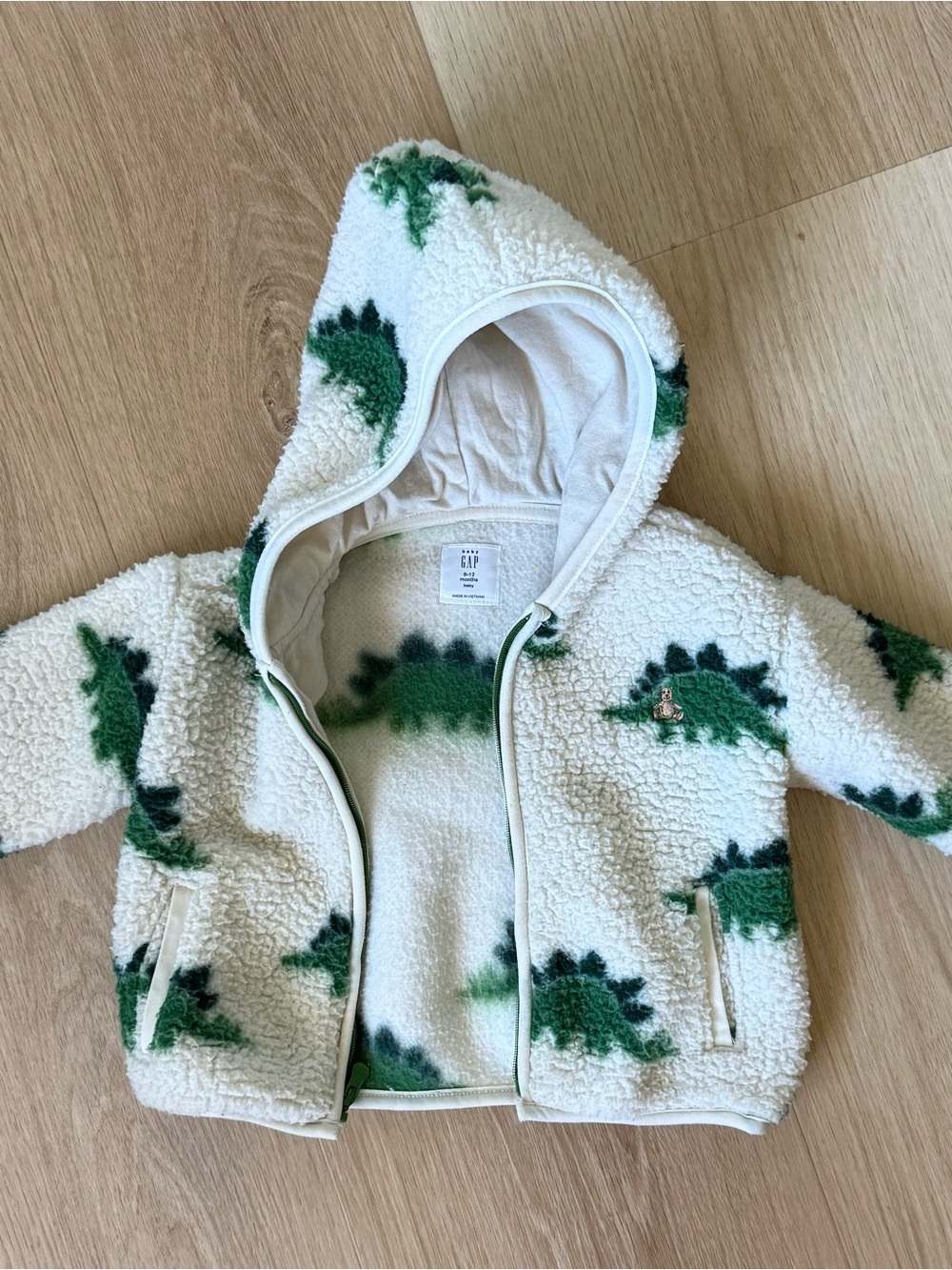 Gap Baby Boy Cream Sherpa Hoodie with Green Dinosaur Print 6-12 months